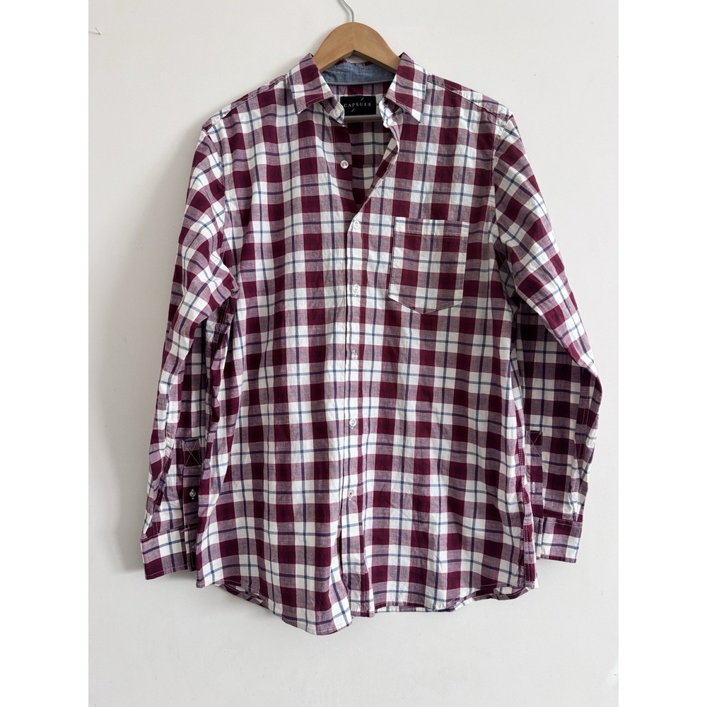 Men's Red Plaid Button Dress Casual Business Clean Cute Preppy Medium Collared